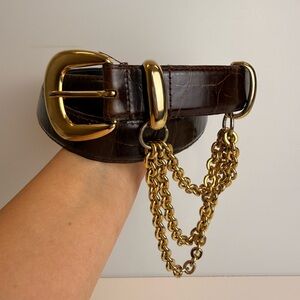 Vintage Avignon Genuine Leather Belt Gold Chain Detail Brown Made In Spain L